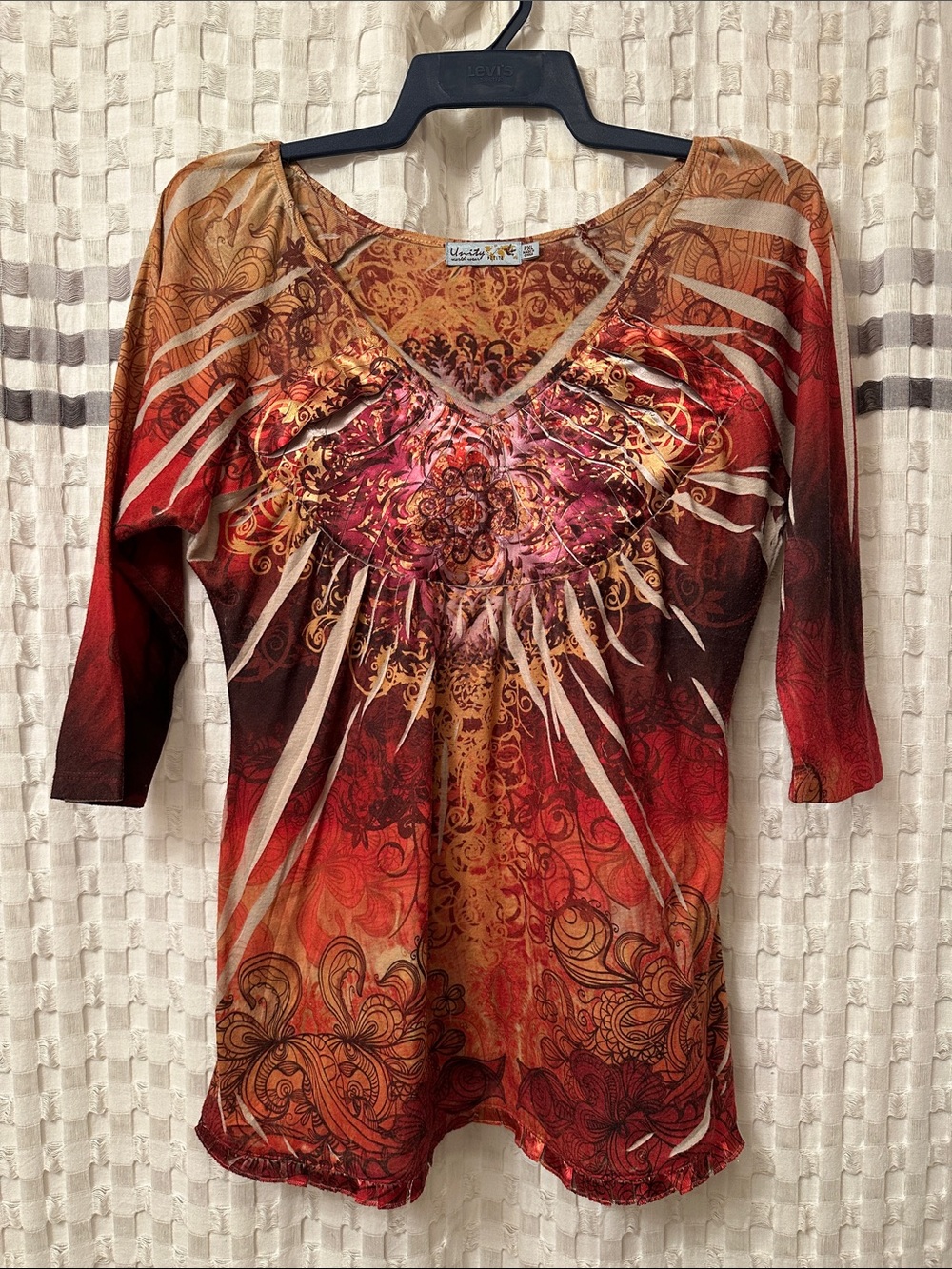 Unity World Wear Red, Gold & Pink Printed V-Neck Long Sleeve Top